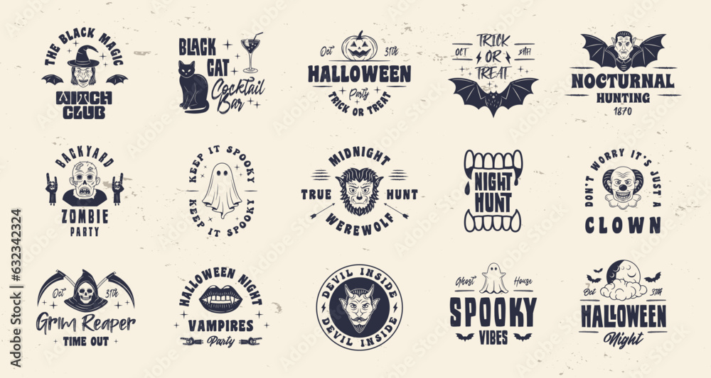 Collection of halloween logo, badges and labels. Halloween signs set for poster, emblem, party invitation designs. Print for t-shirt, tee. 15 spooky logo designs. Vector illlustration