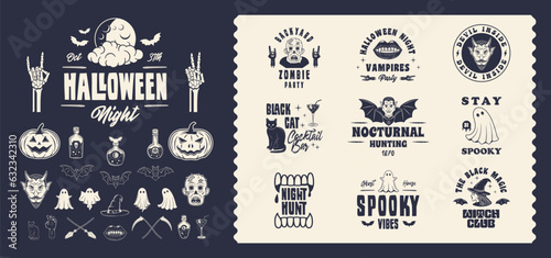 Halloween vector set. Set of 10 halloween logo templates and 24 design elements for Spooky Party emblems, invitations. Prints for t-shirt, typography. Vector illustration 