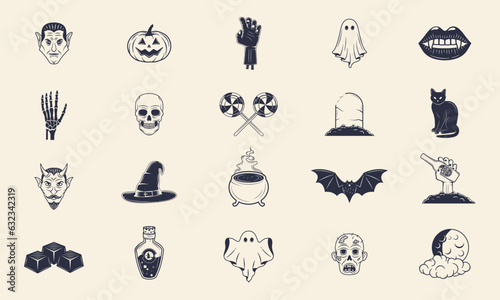 Set of 20 halloween icons. Halloween sticker. Pumpkin, Skull, Vampire lips, bat, ghost, witch, zombie, devil. Print for t-shirt. Vector illustration