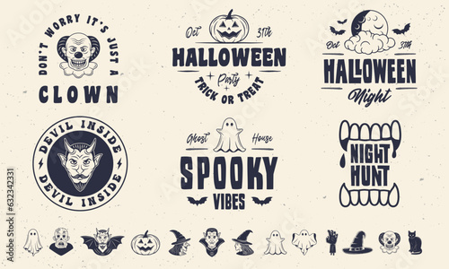 Halloween logo templates and 13 design elements. Halloween spooky and funny emblems templates. Devil, witch, Pumpkin, vampire, ghost, zombie hand, witch hat icons.Vector illustration