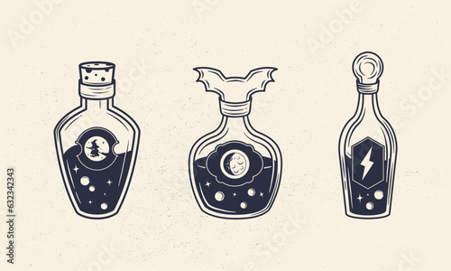 Bottles with potion. Magic potion icons. Vintage doodle style. Vector illustration
