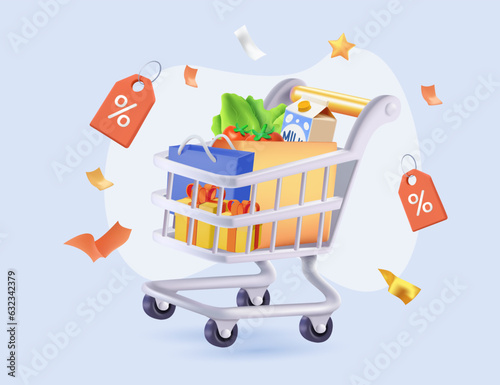 3D shopping cart with products for online shopping and digital marketing, big sale. 3d basket shop cart with presents and discount labels, shopping bag buy sell discount 3d vector banner illustration