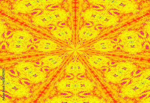 Psychedelic art, abstract painting in a bright colors of yellow, red, textille print, ornament, pattern, goa, psy-trance