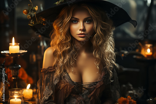 portrait of beautiful sexual witch on Halloween background