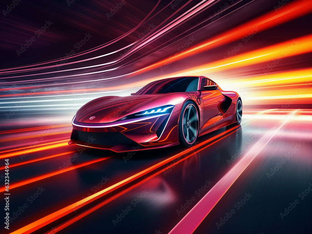 Red futuristic racing sportscar on neon background