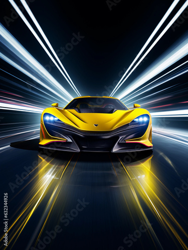 Yellow futuristic racing sportscar on neon background