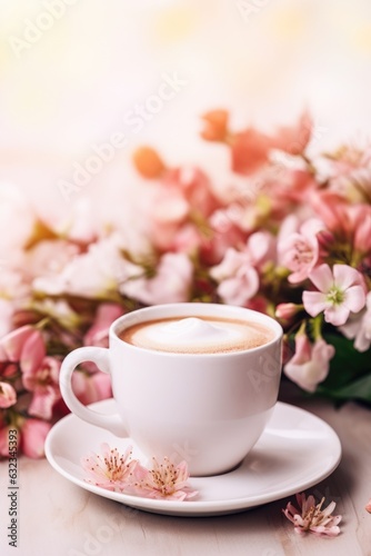 Cup of coffee and spring flowers Generative AI