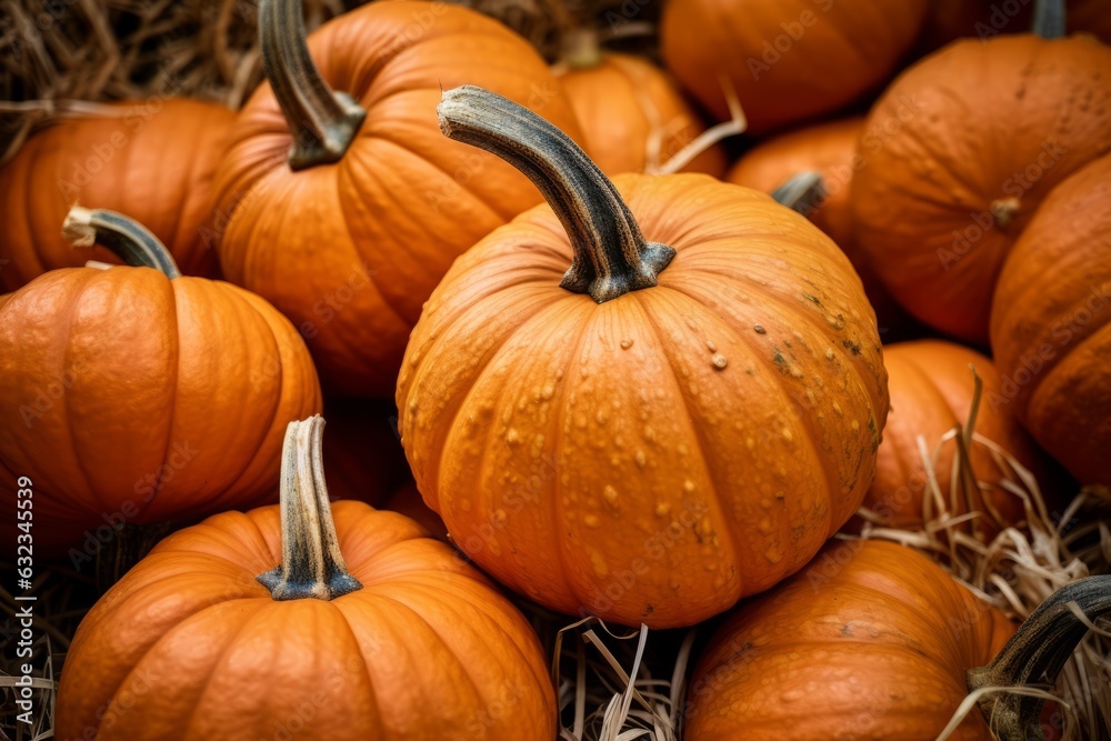 autumn harvest pumpkins on hay, Halloween decorations for sale, Generative AI