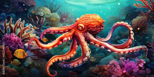 A painting of an octopus in a coral reef. Digital image.