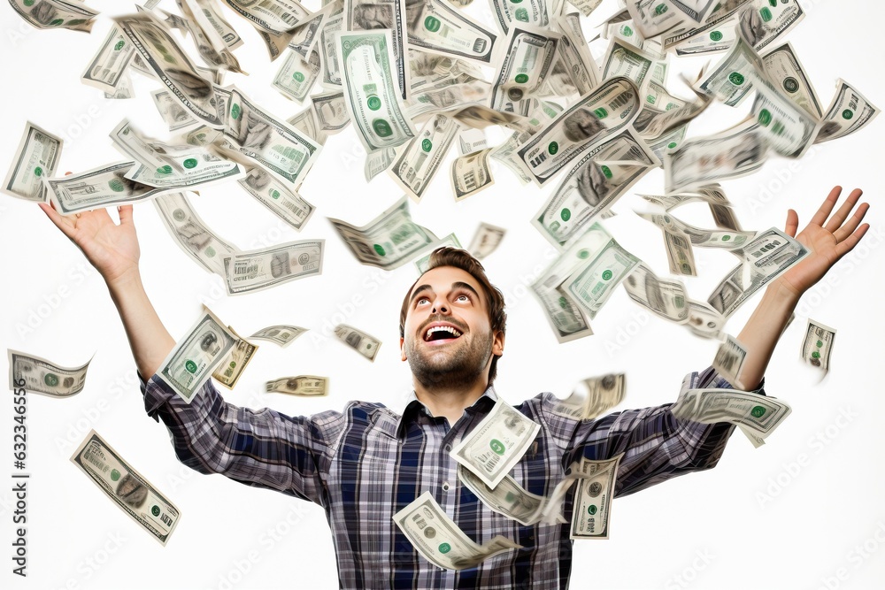 Man with cash falling from the sky, generative ai Man with cash falling from the sky, generative ai