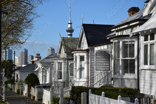 Old wooden villas on a street in Auckland, New Zealand