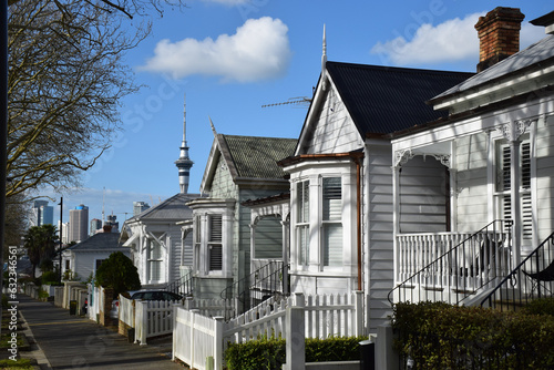 Old wooden villas on a street in Auckland, New Zealand