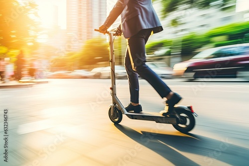 Businessman utilizing a tablet computer while riding an electric scooter. Generative AI