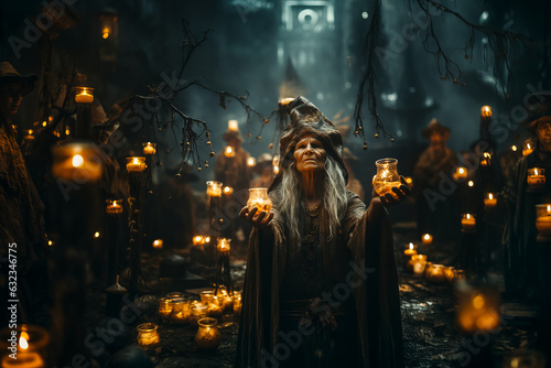 angry witch is preparing spell. Halloween concept. Horror movie