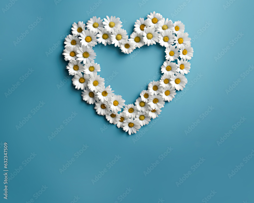 A heart made out of daisies on a blue background. Digital image. Copy-space, place for text.