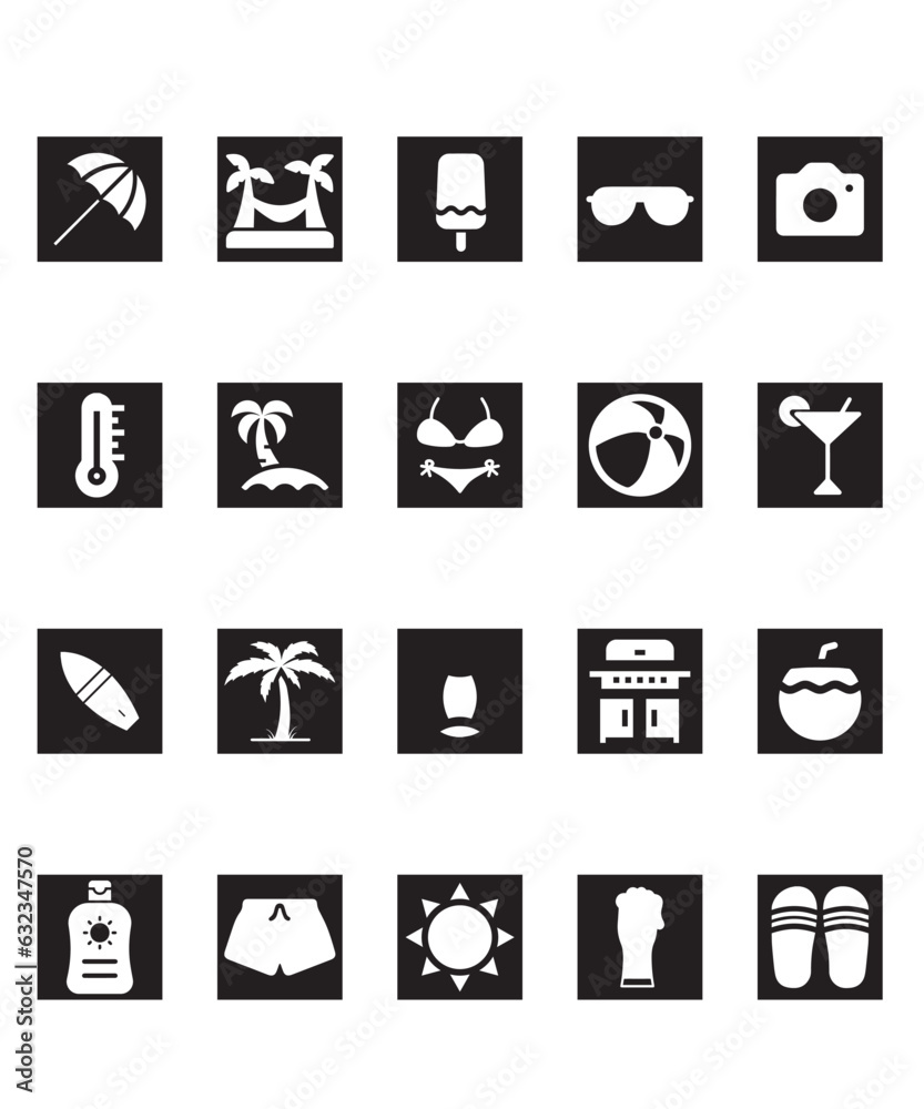 20 Minimalist Silhouettes Of Beach And Summer Icons In Black Monotone Square Border