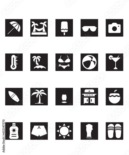 20 Minimalist Silhouettes Of Beach And Summer Icons In Black Monotone Square Border