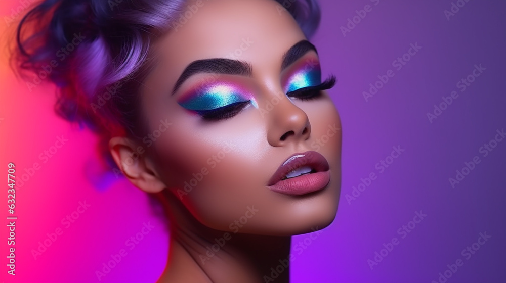 High fashion model poses in neon lights - pink background