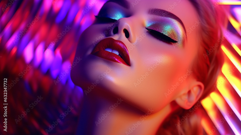 High fashion model with glowing make up and neon lights - Close up