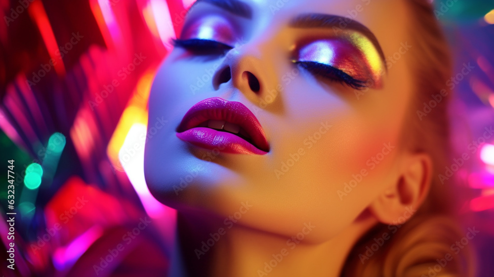 High fashion model with glowing make up and neon lights - Close up