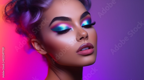 High fashion model poses in neon lights - pink background