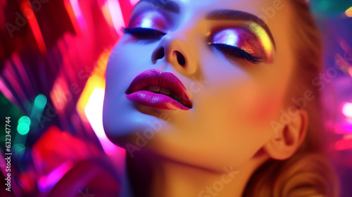 High fashion model with glowing make up and neon lights - Close up