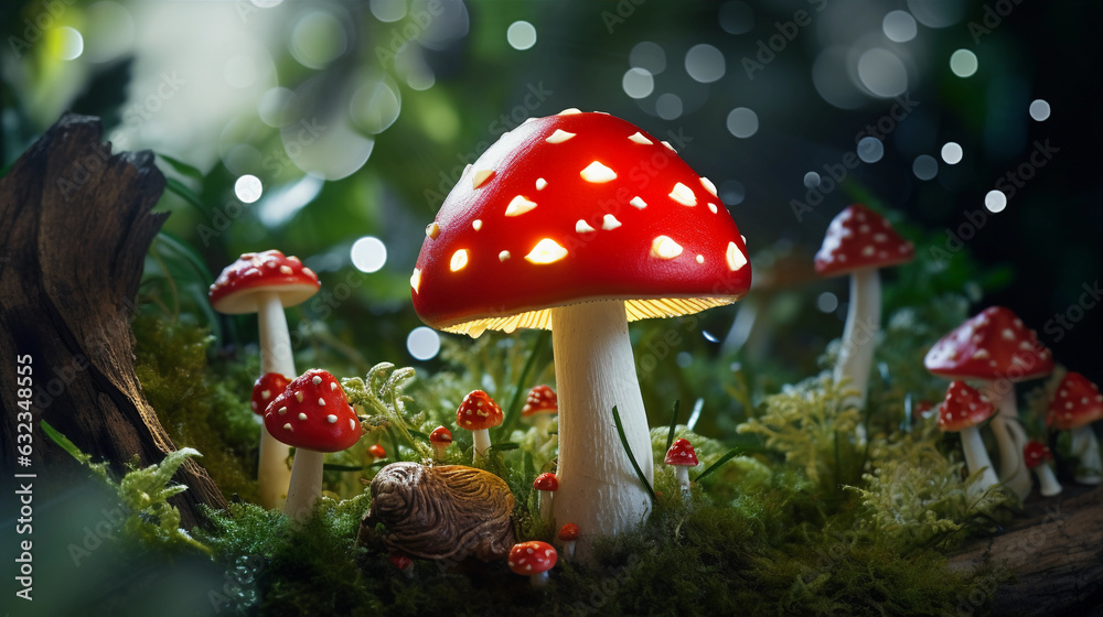 Fly Agaric Spring Mystery. Mysterious aura created by Fly Agaric Mushroom Amanita muscaria in a spring garden. evoking curiosity and wonder. Generative ai Fly Agaric Spring Mystery. Mysterious aura created by Fly Agaric Mushroom Amanita muscaria in a spring garden. evoking curiosity and wonder. Generative ai