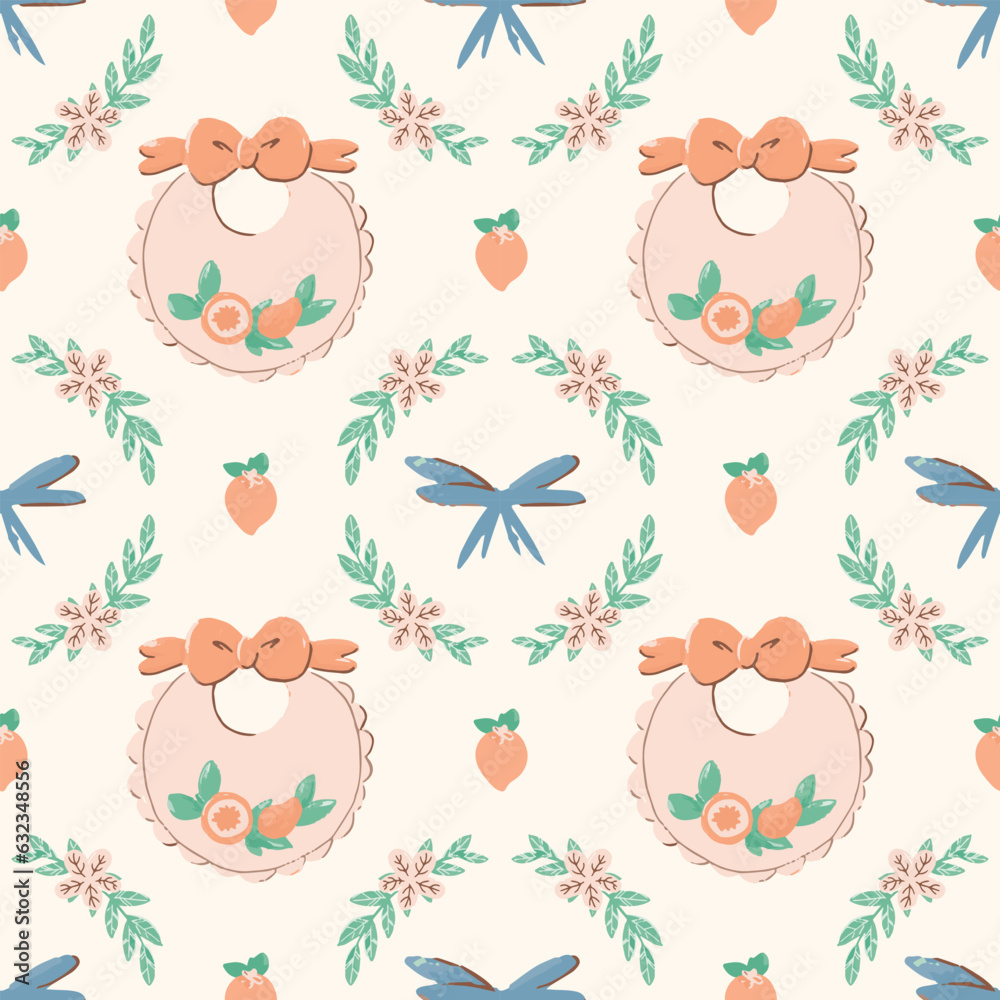 Vector doodle seamless pattern with baby items and plants. Vector doodle seamless pattern with baby items and plants.