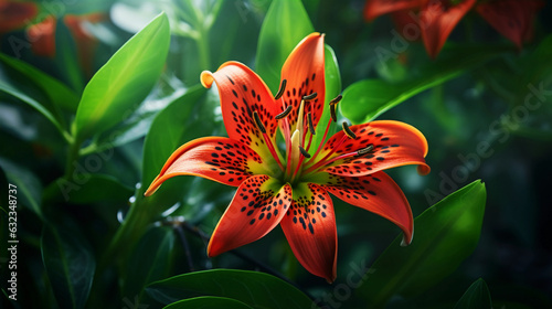 Gloriosa Lily Garden Elegance. Elegance and refinement brought by Gloriosa Lily flowers in a spring garden. enhancing the scene's beauty. Generative ai photo