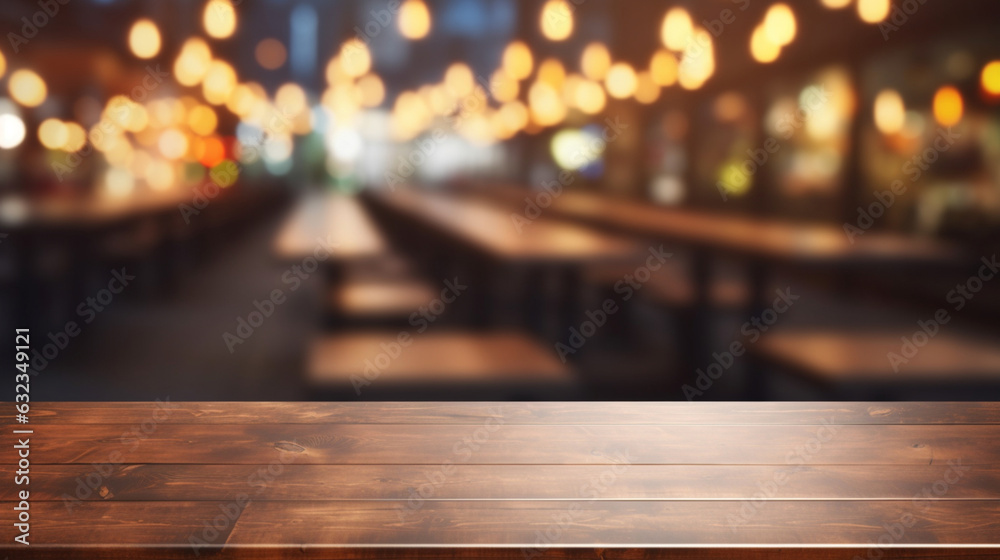 Empty wooden tabletop and defocused background with bokeh lights blurred backdrop of street cafe and beer pub.