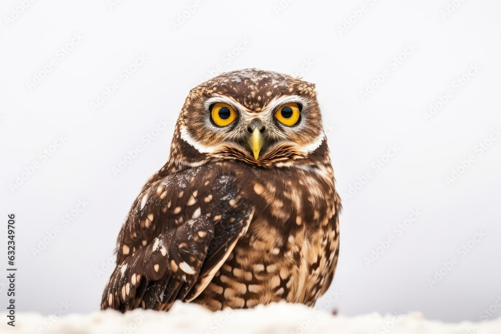 Fototapeta premium Burrowing An owl alone on a white backdrop. Its scientific name is Athene cunicularia. Generative AI
