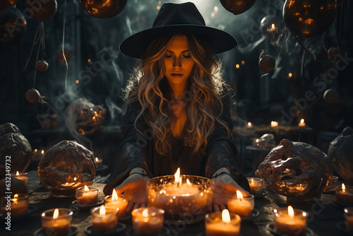 Dark and beautiful witch conjures on Halloween night. Fairy tales. Halloween magic