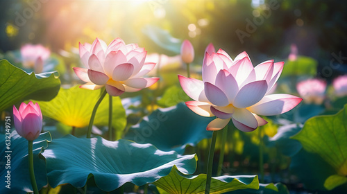 Lotus Elegance in Spring. Elegantly blossoming lotus flowers in a stunning spring garden setting. Generative ai