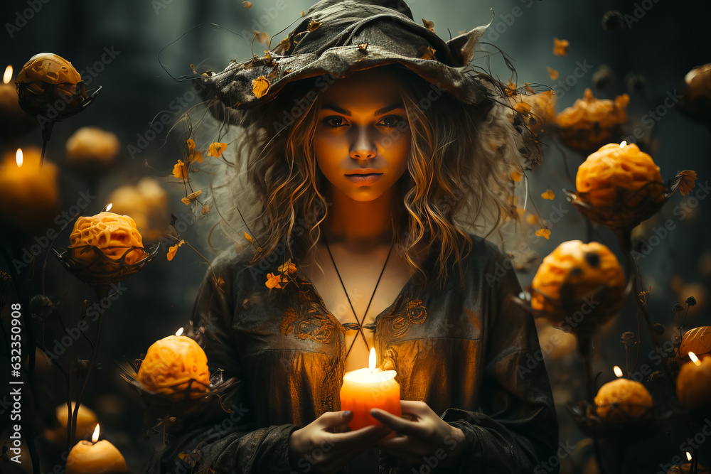illustration of beautiful witch surrounded of Halloween Jack-o'-lanterns (carved pumpkins). illustration of beautiful witch surrounded of Halloween Jack-o'-lanterns (carved pumpkins).