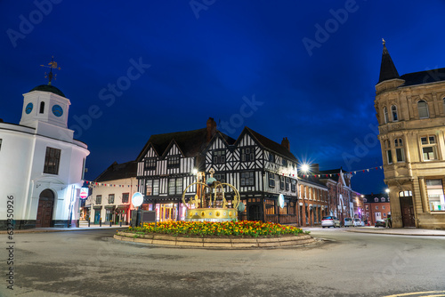 Rotonda roundabound and Half-timbered house at dawn in Stratford upon Avon photo