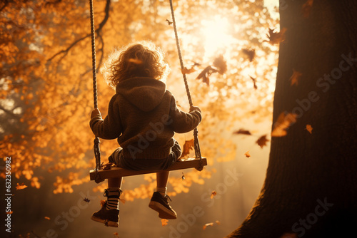 low angle photo of a kid swinging in the swing in autumn. High quality photo