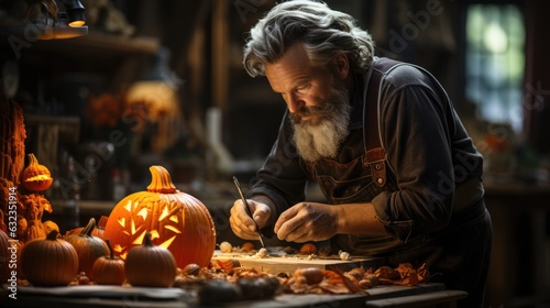 Craftsman preparing pumpkins for Halloween in his workshop.