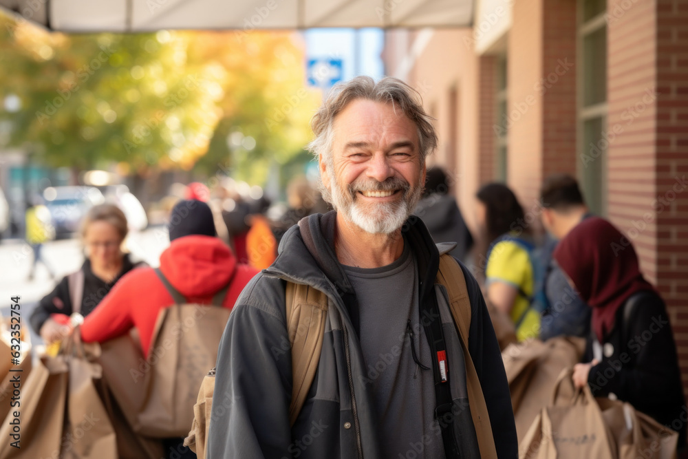 Positive homeless white man stands on the street and waits for his turn at the help center