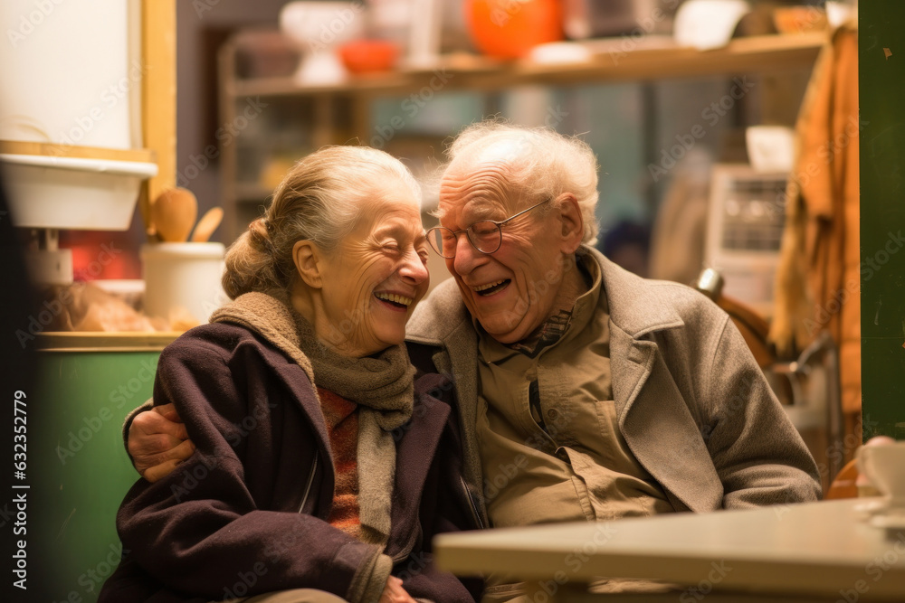 Elderly couple is smiling sitting in a small restaurant