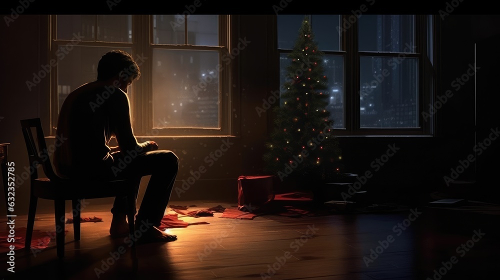 Lonely man spending Christmas alone in the dark of night. Lonely man spending Christmas alone in the dark of night.