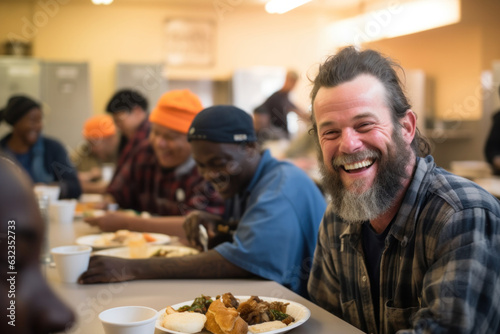 Positive bearded homeless white man sits at a table in a bustling shelter dining hall, surrounded by other individuals