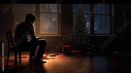 Lonely man spending Christmas alone in the dark of night.