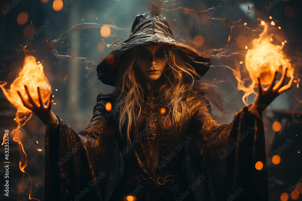 Dark and beautiful witch conjures on Halloween night. Fairy tales. Halloween magic - obrazy, fototapety, plakaty 