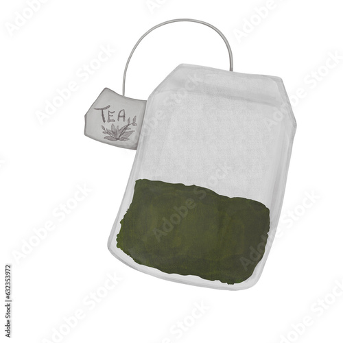 Teabag with green tea leaves illustration. Hand drawn watercolor illustration of green tea bag isolated on transparent background.
