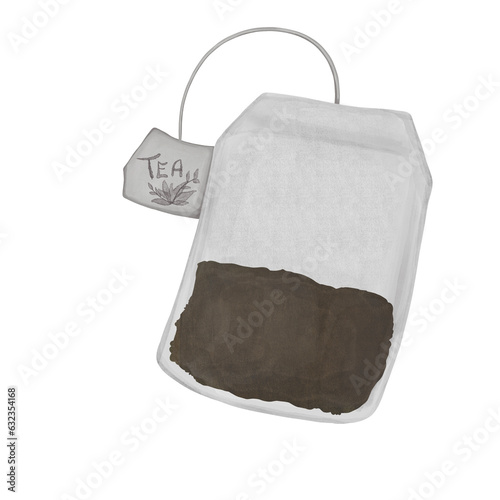 Teabag with brown tea  illustration. Hand drawn watercolor illustration of brown tea bag isolated on transparent background.