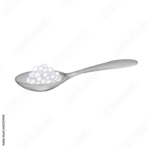 Spoon with white tapioca pearls illustration. Hand drawn watercolor isolated ingridient for bubble tea.