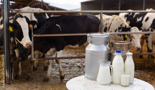 Milk and dairy products in bottles and cans on table in cowshed, cows eating hay on background