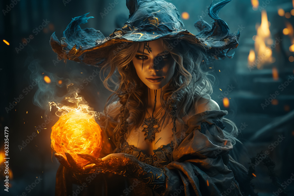 Dark and beautiful witch conjures on Halloween night. Fairy tales. Halloween magic