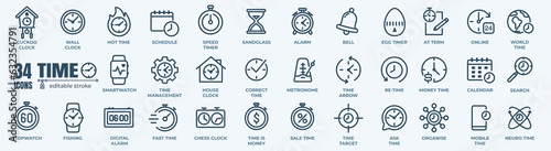 Clock icon. Time icon. 60 icon set Time & Clock. Simple Set of Time Related Vector Line Icons. Time clocks thin line icons. photo