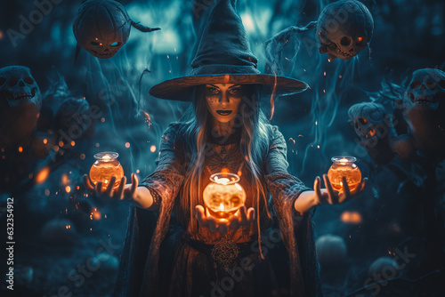 Dark and beautiful witch conjures on Halloween night Fototapet